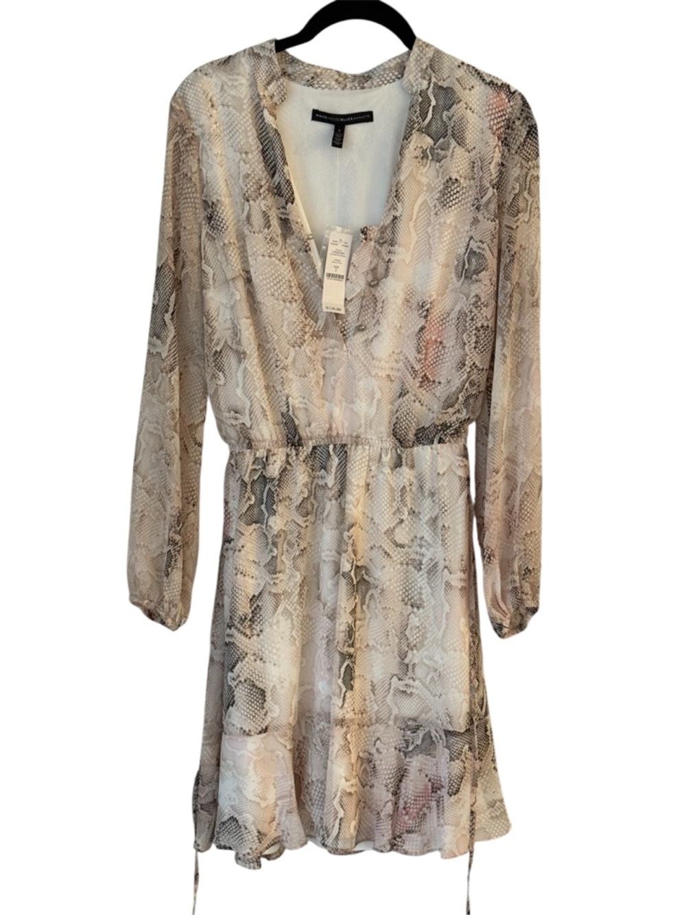 White House Black Market Snake-Print Long Sleeve V-Neck Flowy Dress-Pink
